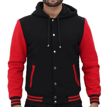 Load image into Gallery viewer, Trendy Red and Black Baseball Hooded Varsity Jacket
