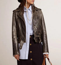 Load image into Gallery viewer, Black Distressed Biker Leather Jacket for Women