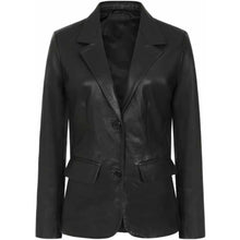Load image into Gallery viewer, Women's Black Lambskin Leather Blazer with Notch Lapel in Classic Fit Style