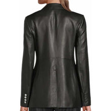 Load image into Gallery viewer, Women's Black Lambskin Leather Peplum Blazer with Wide Notch Lapel in Slim Fit Style