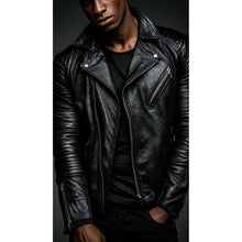 Load image into Gallery viewer, Men's Black Genuine Leather Motorcycle Jacket with Waist Belt Cafe Racer Biker Style