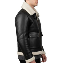 Load image into Gallery viewer, Men Black Sheepskin Aviator Jacket With Faux Fur Collar In Biker Style