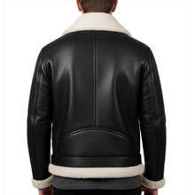 Load image into Gallery viewer, Men Black Sheepskin Aviator Jacket With Faux Fur Collar In Biker Style