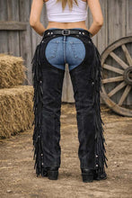 Load image into Gallery viewer, Women's Black Suede Leather Chaps with Long Fringe in Western Cowgirl Rodeo Style
