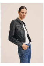 Load image into Gallery viewer, Black Women's Silver Spiked Studded Retro Motorcycle Leather Jacket