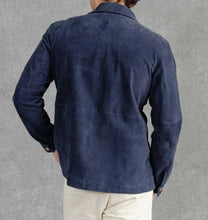 Load image into Gallery viewer, Blue Suede Cafe Racer Leather Jacket for Men