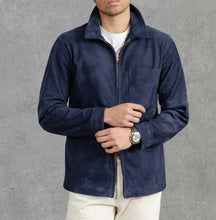 Load image into Gallery viewer, Blue Suede Cafe Racer Leather Jacket for Men