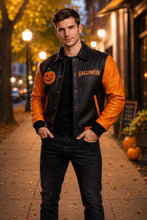 Load image into Gallery viewer, New men’s Halloween varsity jacket with pumpkin patch and orange sleeves by Glory Store UK