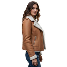 Load image into Gallery viewer, Women's Lambskin Leather Aviator Jacket in Tan Brown with White Faux Shearling Lining
