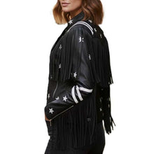 Load image into Gallery viewer, Detail view of the wide lapel collar and asymmetrical silver zip closure on the black jacket.
