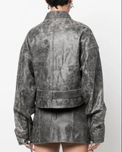 Load image into Gallery viewer, Gray Distressed Vintage Leather Jacket for Women
