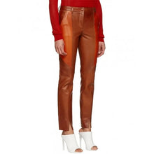 Load image into Gallery viewer, Ladies Slim Fit Panelled Lambskin Orange Leather Pants