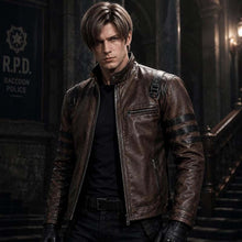 Load image into Gallery viewer, Men's Black Leather Jacket with Stand Collar in Leon S Kennedy RE9 Requiem Style