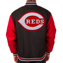 Load image into Gallery viewer, Stylish Cincinnati Reds Black and Red Letterman Varsity Jacket