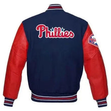 Load image into Gallery viewer, Stylish Philadelphia Phillies Blue and Red Letterman Varsity Jacket