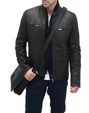 Load image into Gallery viewer, Men Black Cafe Racer Leather Jacket