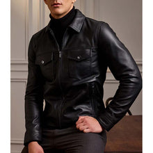 Load image into Gallery viewer, Men Black Lambskin Leather Biker Jacket with Asymmetrical Zip Design