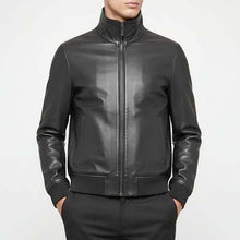 Load image into Gallery viewer, Men Black Lambskin Leather Bomber Jacket with Slim Flight Style
