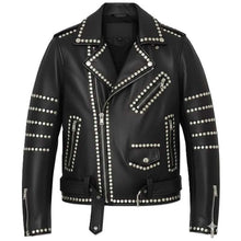 Load image into Gallery viewer, Men Black Genuine Leather Jacket With Studs in Brando Gothic Biker Style