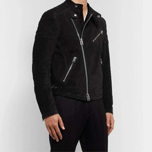 Load image into Gallery viewer, Men Black Suede Leather Biker Jacket with Zip Closure