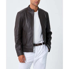 Load image into Gallery viewer, Men Brown Lambskin Leather Biker Jacket with Slim Fit Moto Style