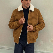 Load image into Gallery viewer, Men Brown Suede Leather Bomber Jacket with Fur Collar Flight Style