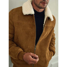 Load image into Gallery viewer, Men Brown Suede Leather Bomber Jacket with Fur Collar Flight Style