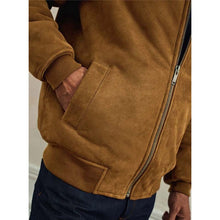 Load image into Gallery viewer, Men Brown Suede Leather Bomber Jacket with Fur Collar Flight Style