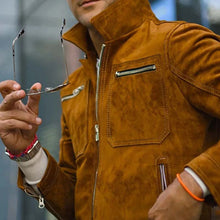 Load image into Gallery viewer, Men Brown Suede Leather Racer Jacket with Athletic Motorcycle Fit