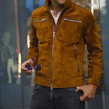 Load image into Gallery viewer, Men Brown Suede Leather Racer Jacket with Athletic Motorcycle Fit