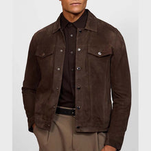 Load image into Gallery viewer, Men Brown Suede Leather Trucker Jacket with Custom Made Design