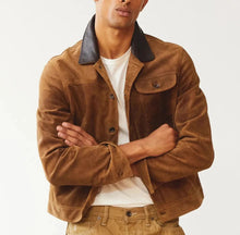Load image into Gallery viewer, Men Brown Suede Leather Trucker Jacket – Custom Made