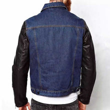 Load image into Gallery viewer, Men Denim Jacket with Black Leather Sleeves in Blue