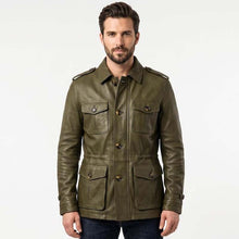 Load image into Gallery viewer, Men Olive Green Leather Field Jacket with Military Safari Utility Style