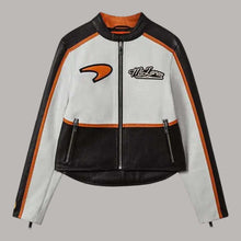 Load image into Gallery viewer, Men Vintage Black White Orange Racing Leather Jacket