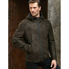 Load image into Gallery viewer, Men's Brown Sheepskin Shearling Jacket With Hood in B3 Winter Style