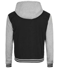 Load image into Gallery viewer, Stylish Men's Black and Grey Hooded Baseball Varsity Jacket