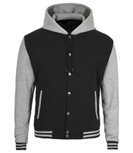 Load image into Gallery viewer, Stylish Men's Black and Grey Hooded Baseball Varsity Jacket