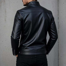 Load image into Gallery viewer, Men's Black Genuine Leather Jacket with Cafe Racer Style and Zip Up Biker Design
