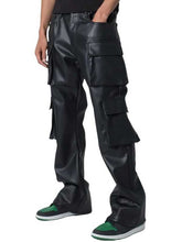Load image into Gallery viewer, Mens Black Leather Cargo Trousers with Four Flap Pockets