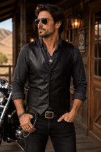 Load image into Gallery viewer, Men's Black Genuine Leather Vest with V Neck in Handmade Biker Western Style