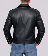 Load image into Gallery viewer, Men's Black Real Leather Biker Jacket with Lapel Collar and Multi Zip Pockets