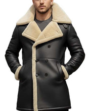 Load image into Gallery viewer, Men Black Sheepskin Long Coat In Peacoat Style With Real Shearling Lining