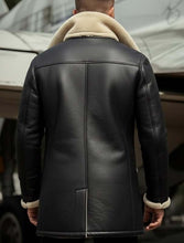 Load image into Gallery viewer, Men Black Sheepskin Long Coat In Peacoat Style With Real Shearling Lining