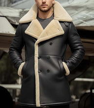 Load image into Gallery viewer, Men Black Sheepskin Long Coat In Peacoat Style With Real Shearling Lining
