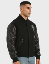 Load image into Gallery viewer, Men's Black Wool Varsity Jacket With Leather Sleeves Retro College Letterman Style