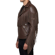 Load image into Gallery viewer, Men's Brown Genuine Leather Biker Jacket with Fringe Studded Western Rodeo Style