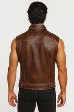 Load image into Gallery viewer, Men's Brown Leather Biker Vest with Vintage Distressed Style and Durable Double Stitching
