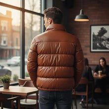 Load image into Gallery viewer, Men's Brown Leather Bomber Jacket With Quilted Puffer Design And Soft Winter Lining