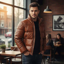 Load image into Gallery viewer, Men's Brown Leather Bomber Jacket With Quilted Puffer Design And Soft Winter Lining